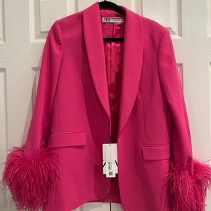 Beautiful feather cuff Zara blazer, size small. New! With tags. Hot pink.